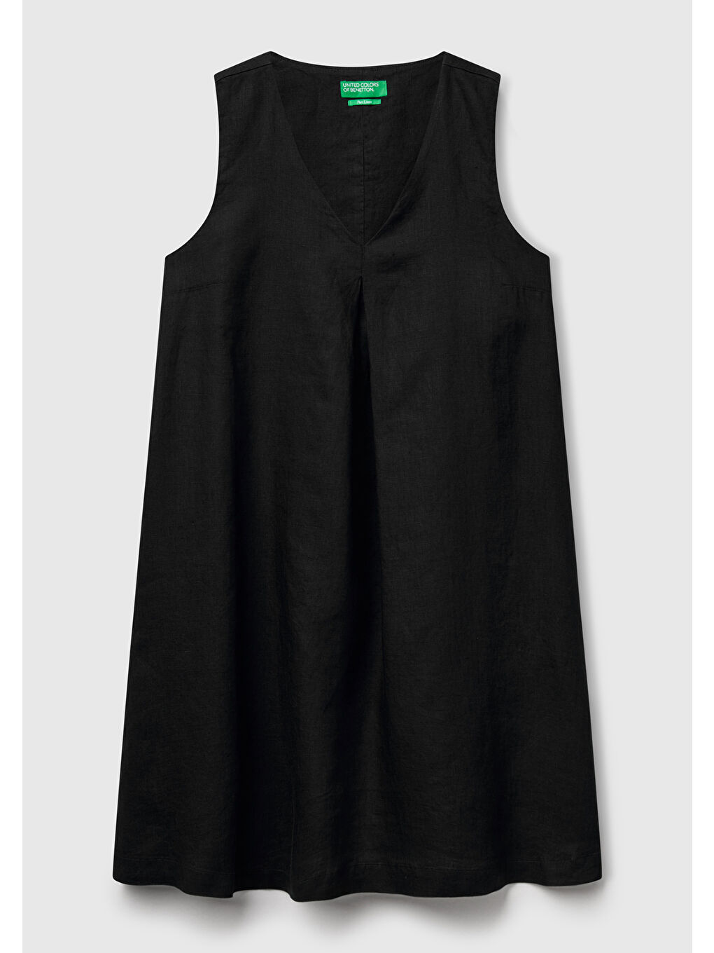 Kadın Siyah %100 Keten Yanı Fermuarlı A Kesim V Yaka Kısa Elbise-1