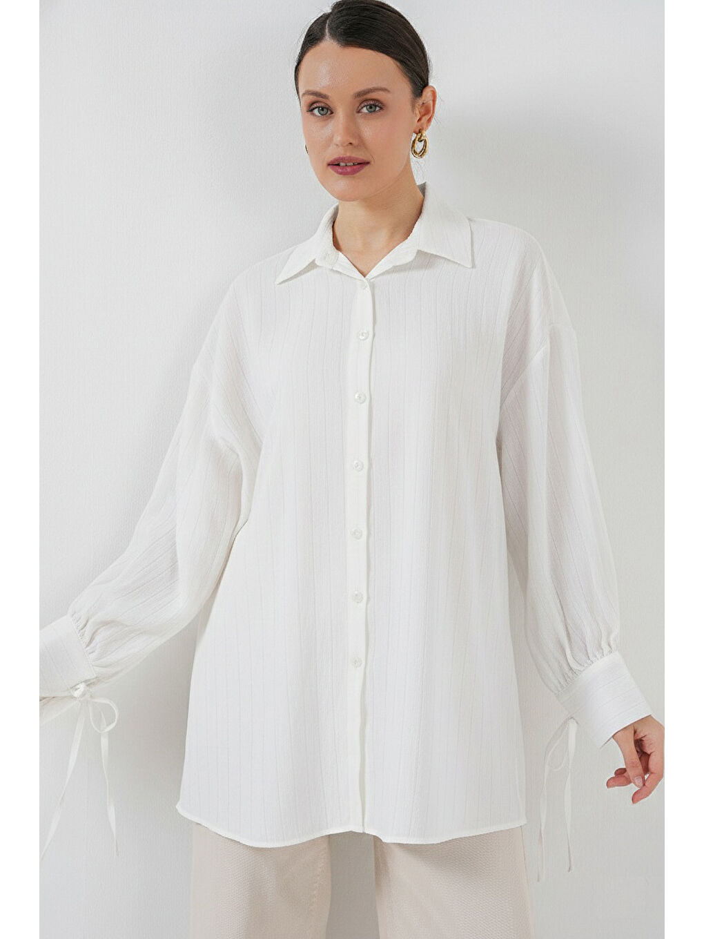 Kadın Oversize Bağcıklı Gömlek 5954 - Beyaz-2