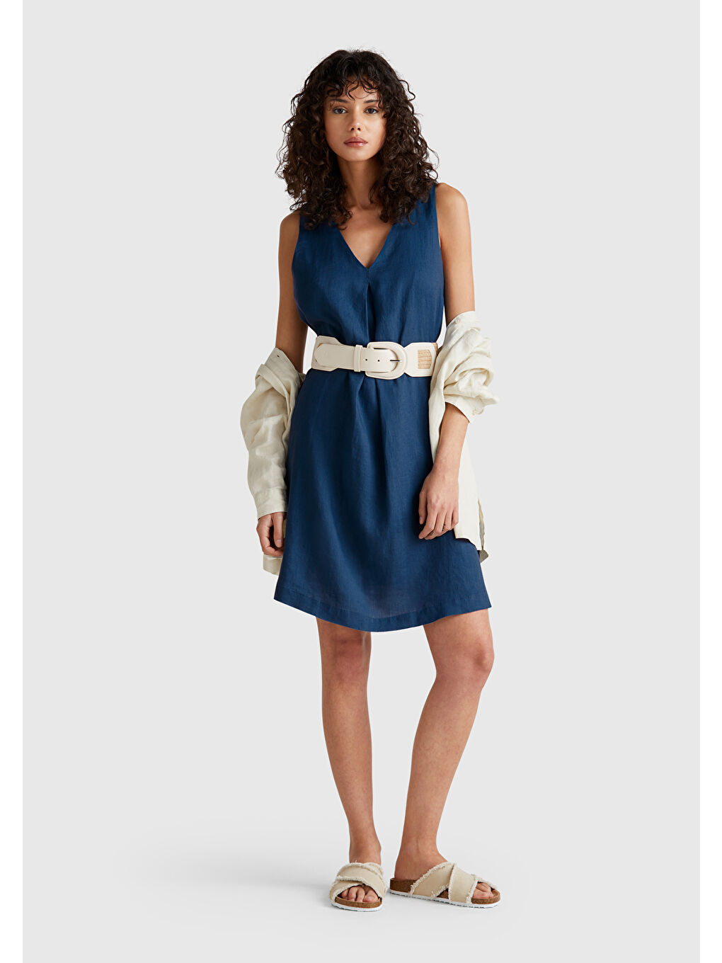 Mavi Kadın Denim %100 Keten Yanı Fermuarlı A Kesim V Yaka Kısa Elbise-4