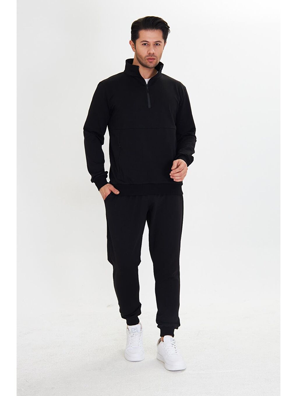 Yarım Fermuarlı Pamuklu Erkek Eşofman Takımı Siyah 5709-S