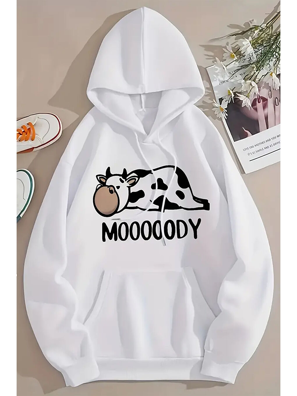 uyguntarz Beyaz Mooooody Baskılı Unisex Oversize Sweatshirt