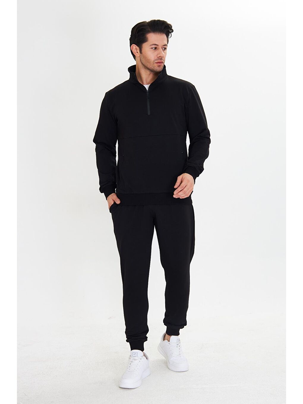 Yarım Fermuarlı Pamuklu Erkek Eşofman Takımı Siyah 5709-S-1