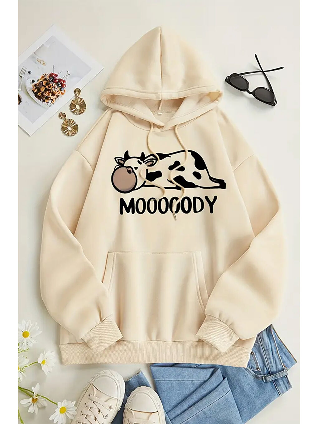 uyguntarz Bej Mooooody Baskılı Unisex Oversize Sweatshirt