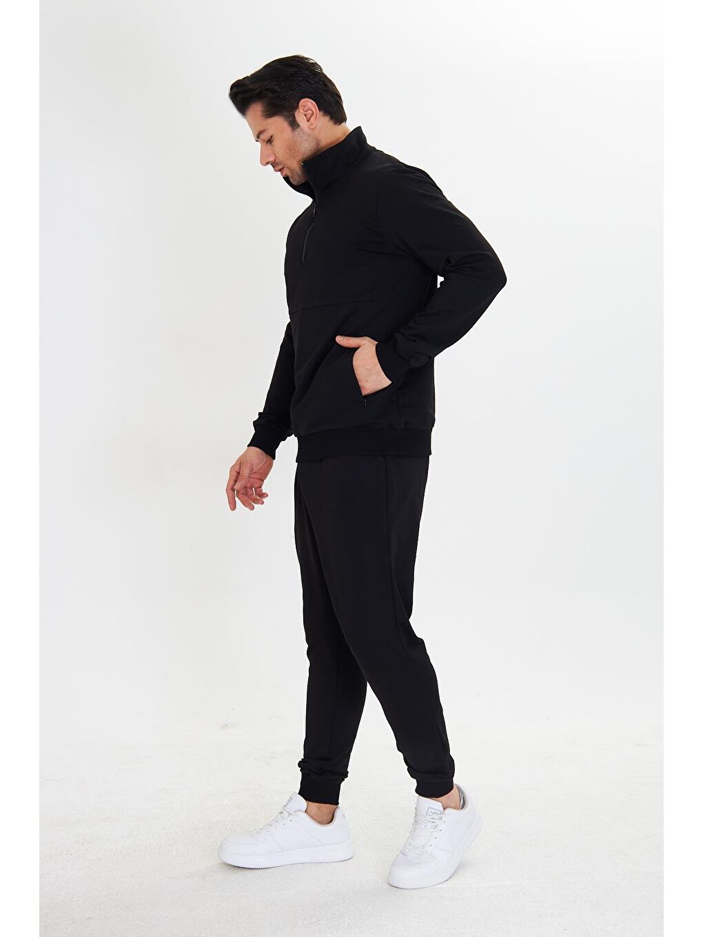 Yarım Fermuarlı Pamuklu Erkek Eşofman Takımı Siyah 5709-S-4