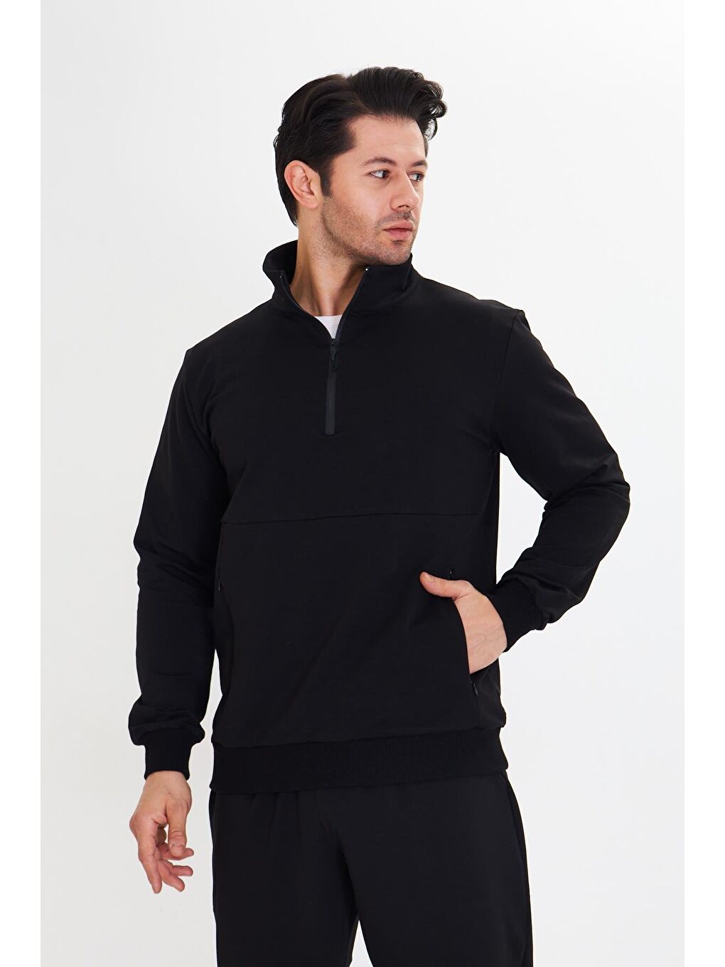 Yarım Fermuarlı Pamuklu Erkek Eşofman Takımı Siyah 5709-S-5