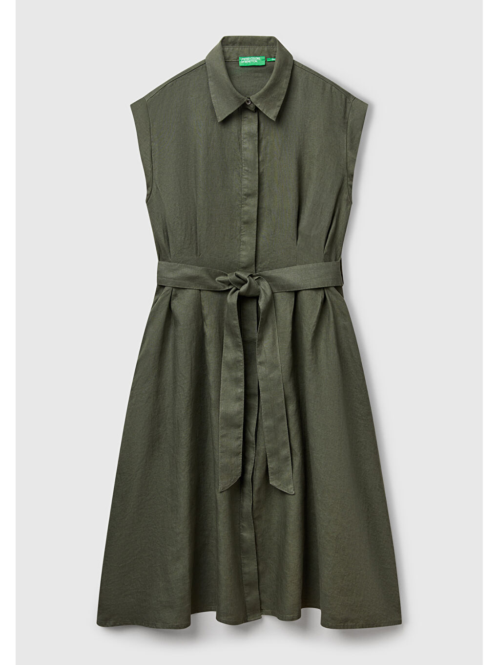Kadın Haki %100 Keten Pileli Çıkarılabilir Kuşaklı Gömlek Elbise-1