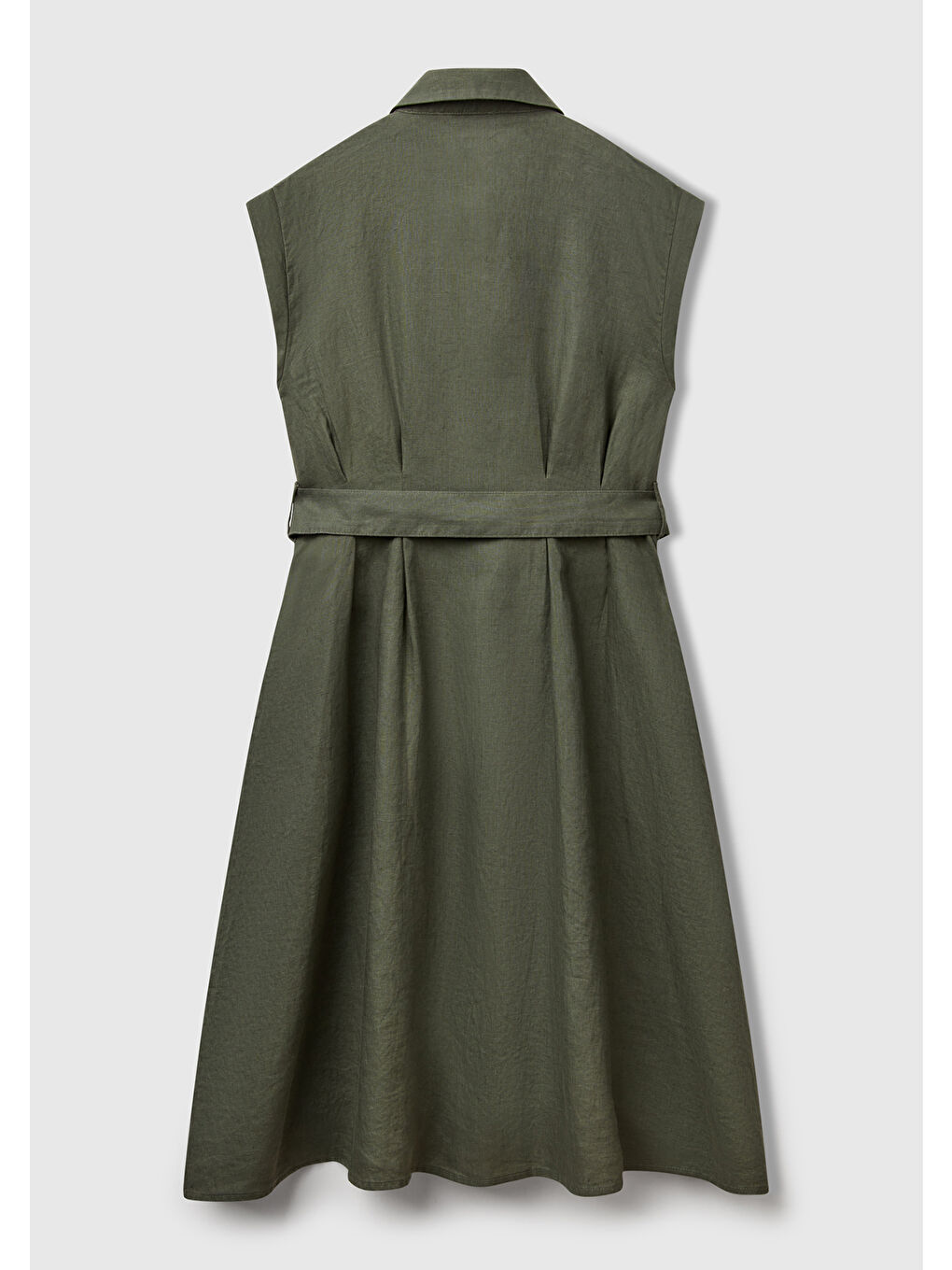 Kadın Haki %100 Keten Pileli Çıkarılabilir Kuşaklı Gömlek Elbise-3