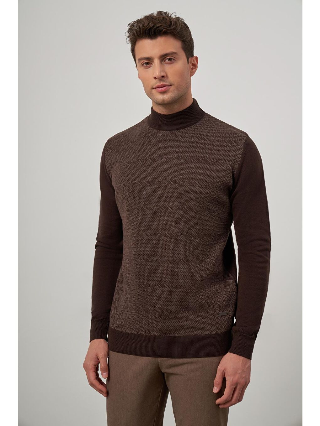 Koyu Kahverengi Uzun Kol Kendinden Örme Yarım Balıkçı Yaka Classic Comfort Fit Triko 1012245152