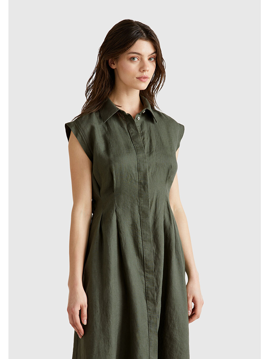 Kadın Haki %100 Keten Pileli Çıkarılabilir Kuşaklı Gömlek Elbise-4