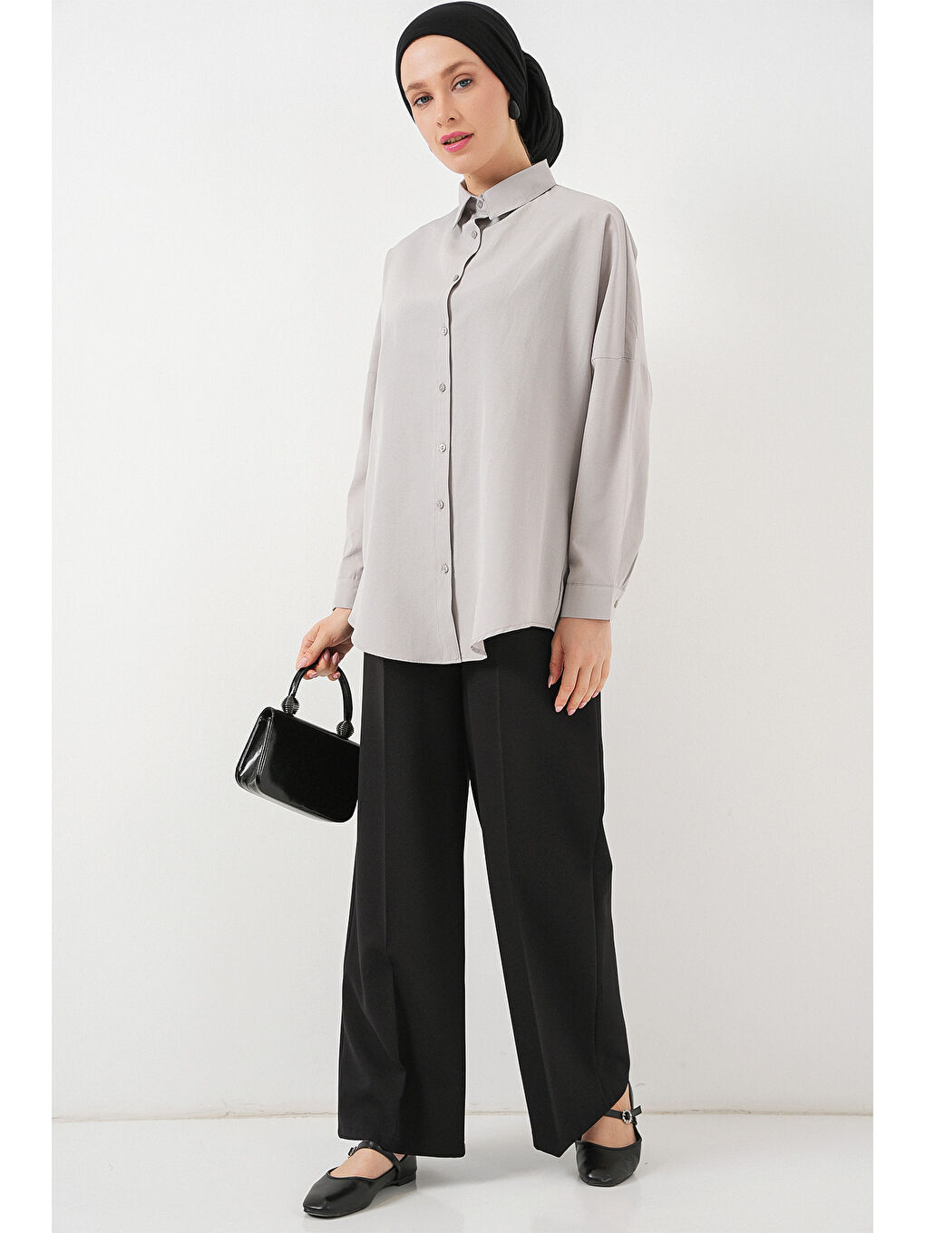 103901 Oversize Basic Tesettür Gömlek - A.Gri-1