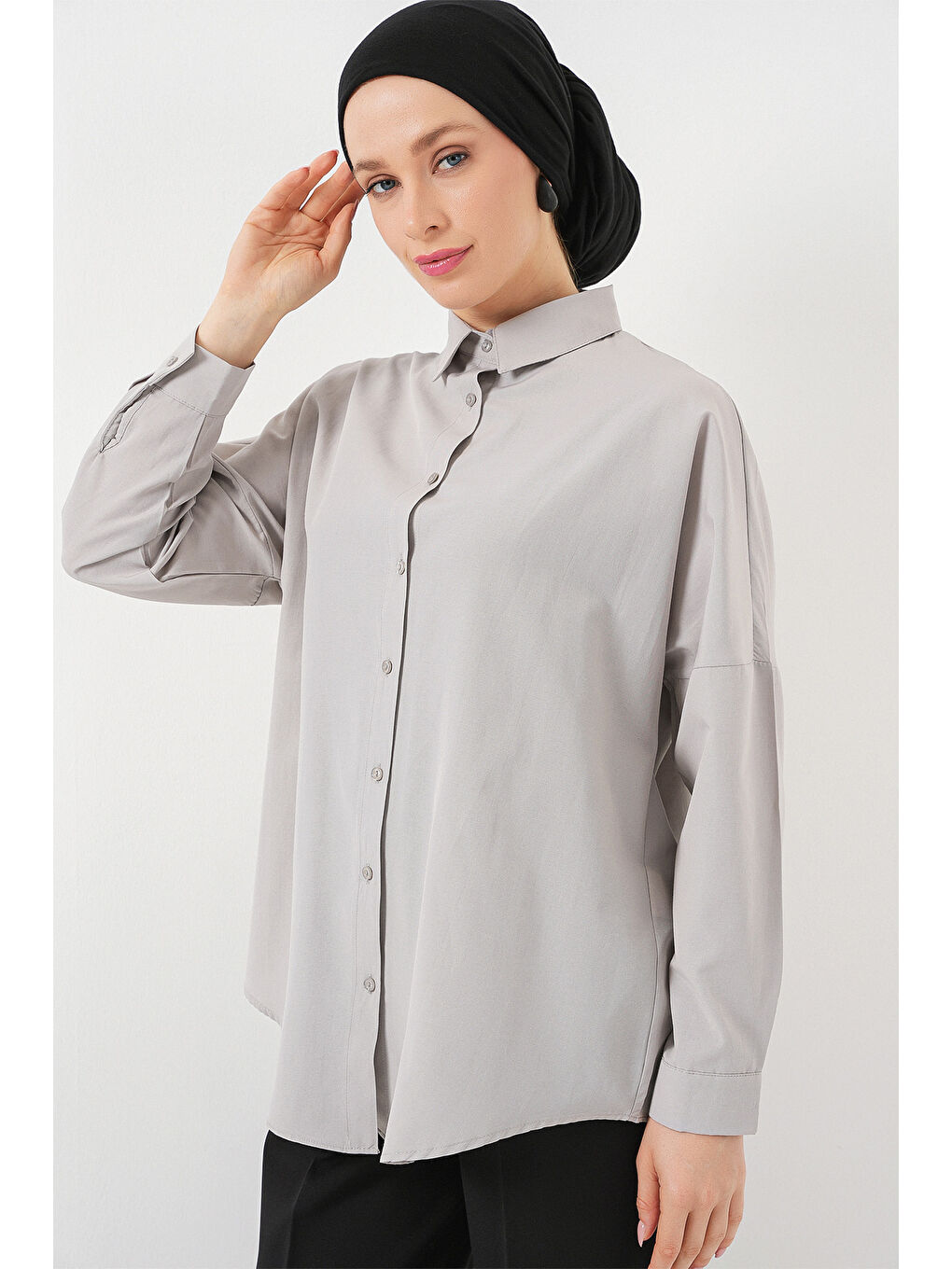 103901 Oversize Basic Tesettür Gömlek - A.Gri-2