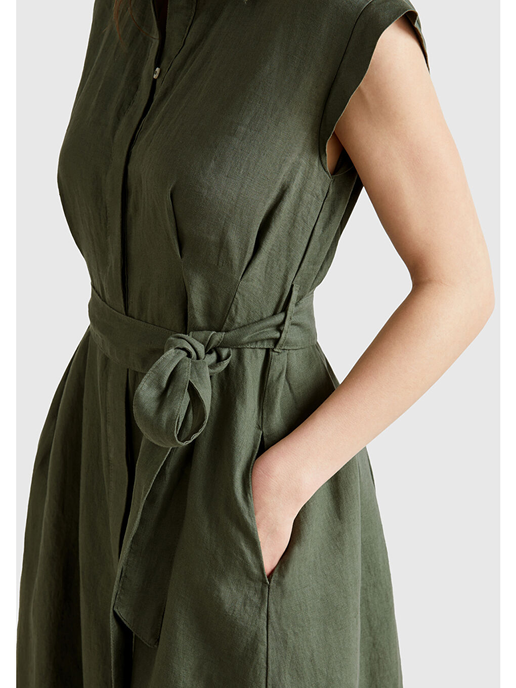 Kadın Haki %100 Keten Pileli Çıkarılabilir Kuşaklı Gömlek Elbise-5