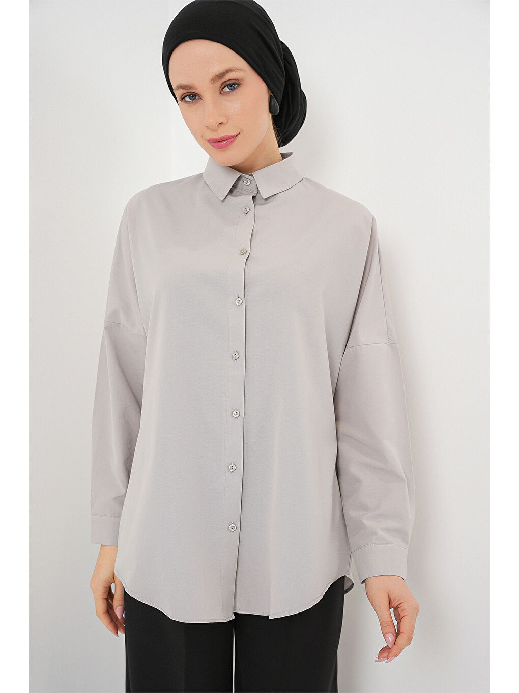 103901 Oversize Basic Tesettür Gömlek - A.Gri-3