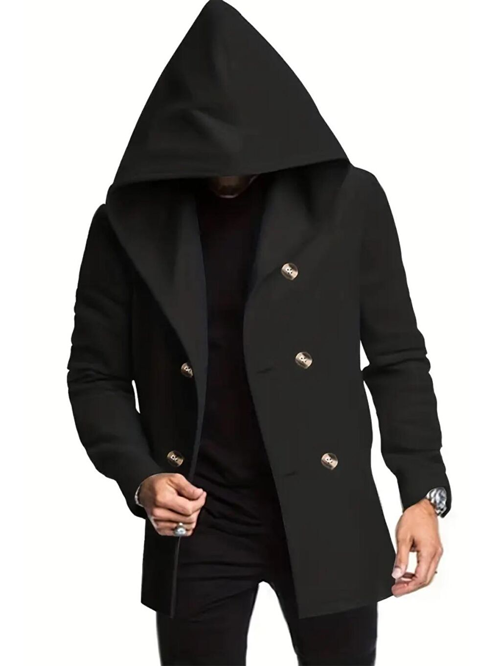 Siyah Corry Çelik İnterlok Kumaş Kruvaze Düğmeli Kapüşonlu Erkek Panço Hırka-1