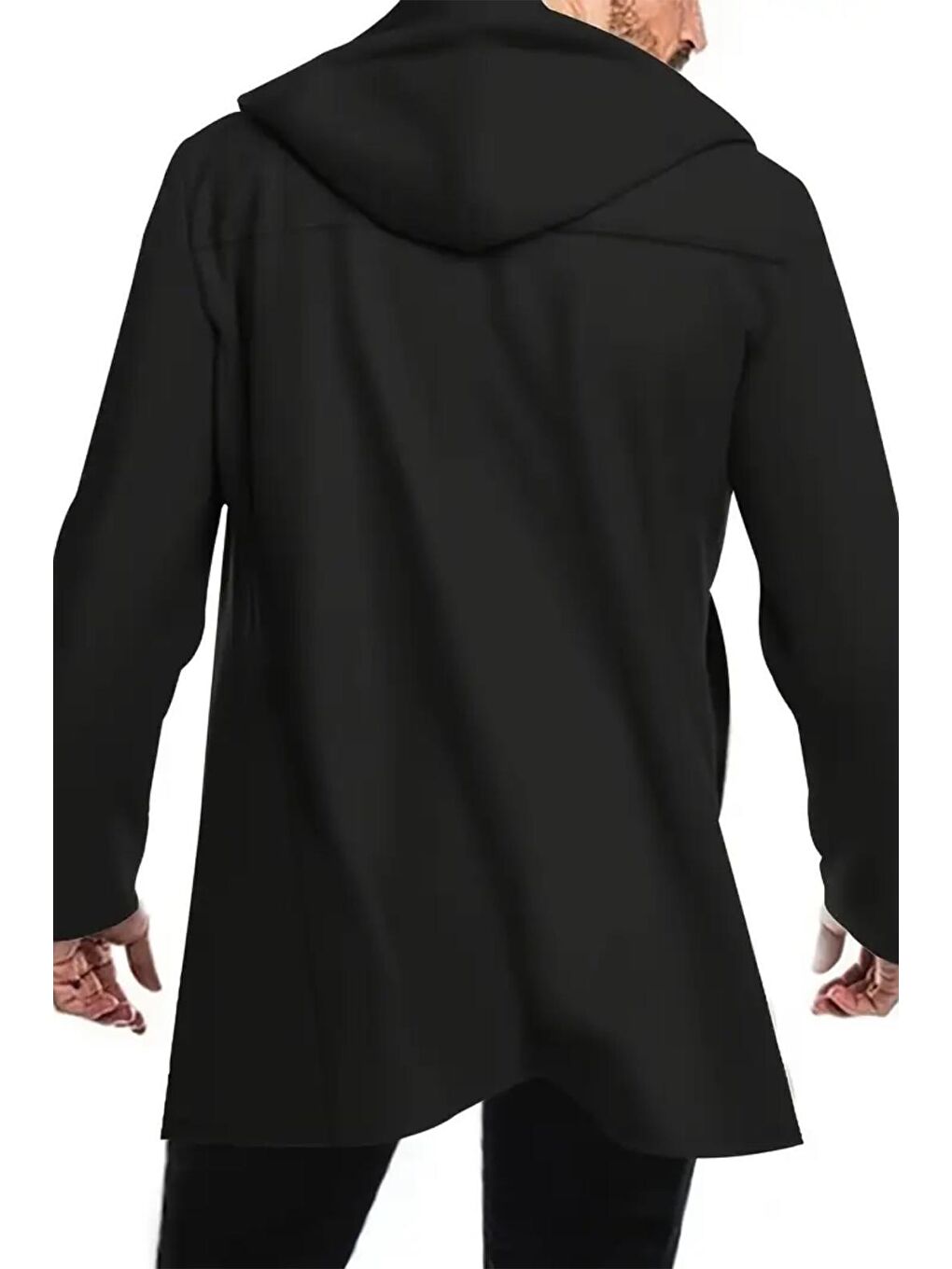 Siyah Corry Çelik İnterlok Kumaş Kruvaze Düğmeli Kapüşonlu Erkek Panço Hırka-2
