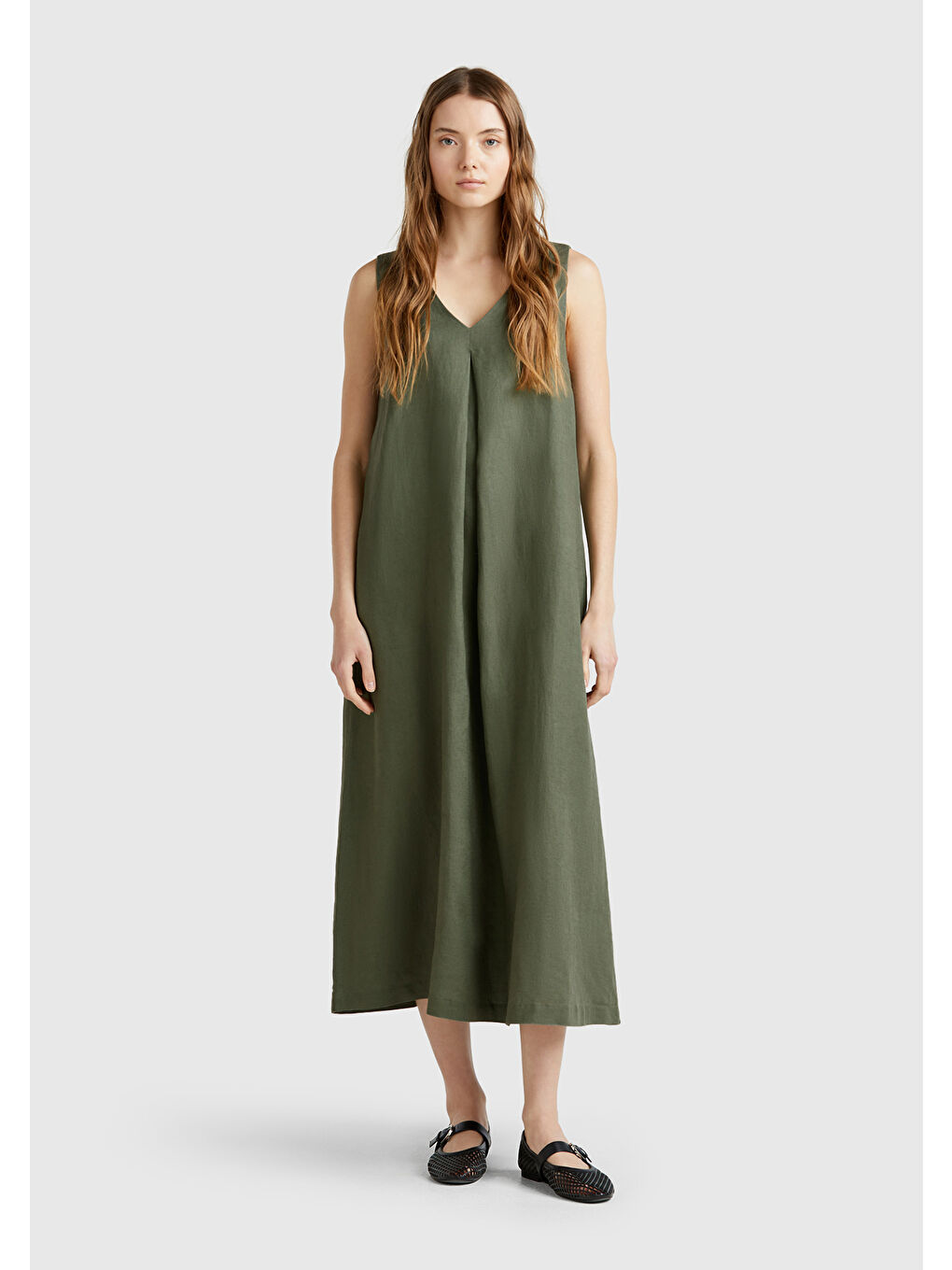 Kadın Haki %100 Keten V Yaka Kolsuz A Kesim Midi Elbise