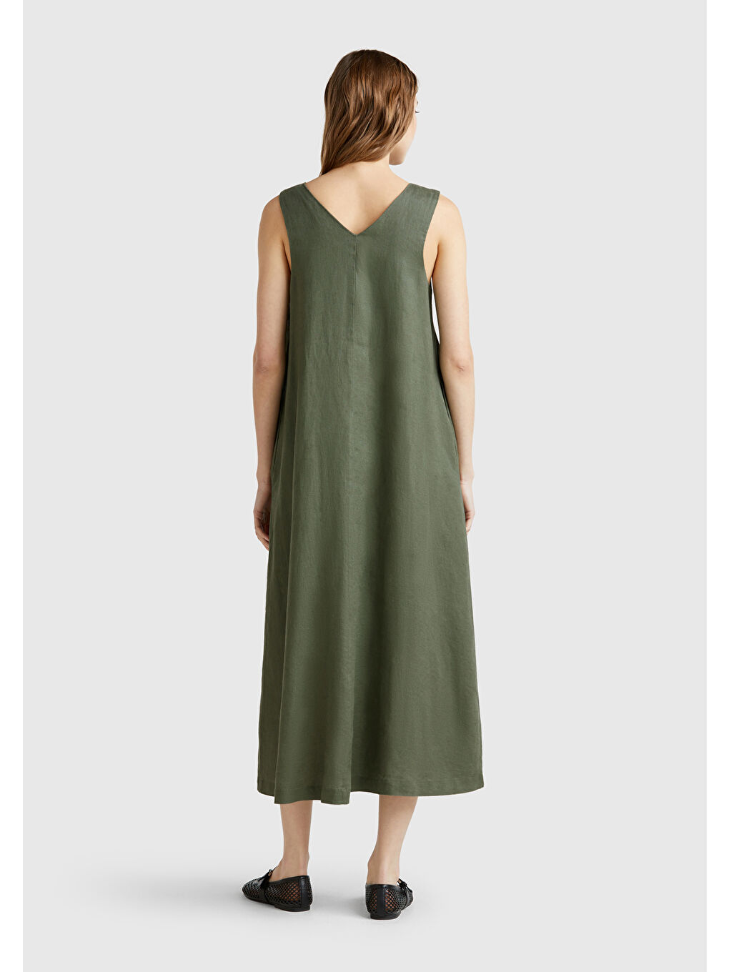 Kadın Haki %100 Keten V Yaka Kolsuz A Kesim Midi Elbise-2
