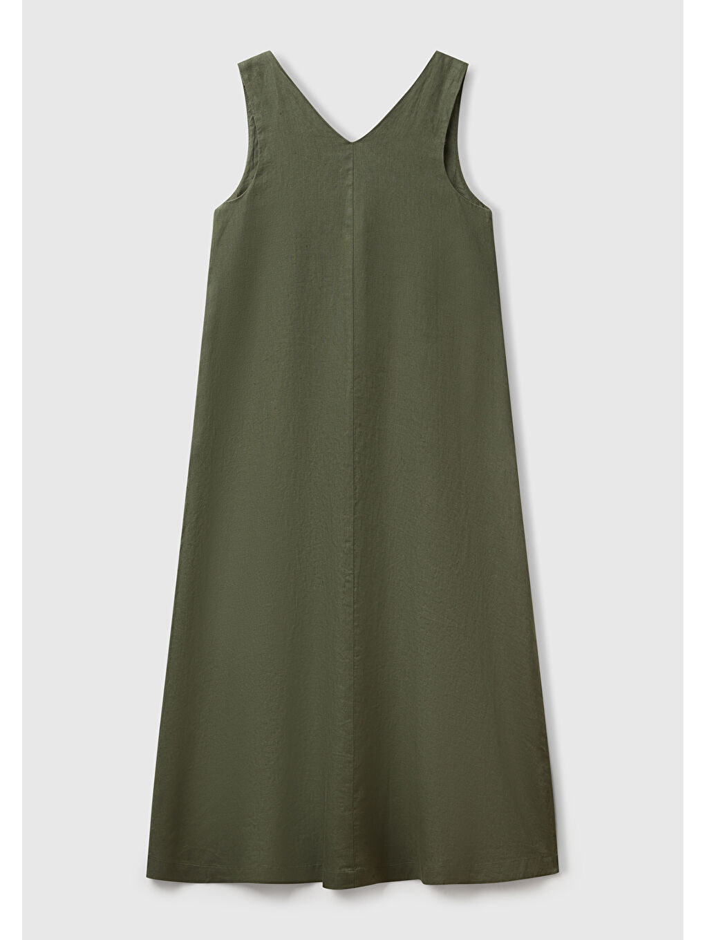 Kadın Haki %100 Keten V Yaka Kolsuz A Kesim Midi Elbise-3