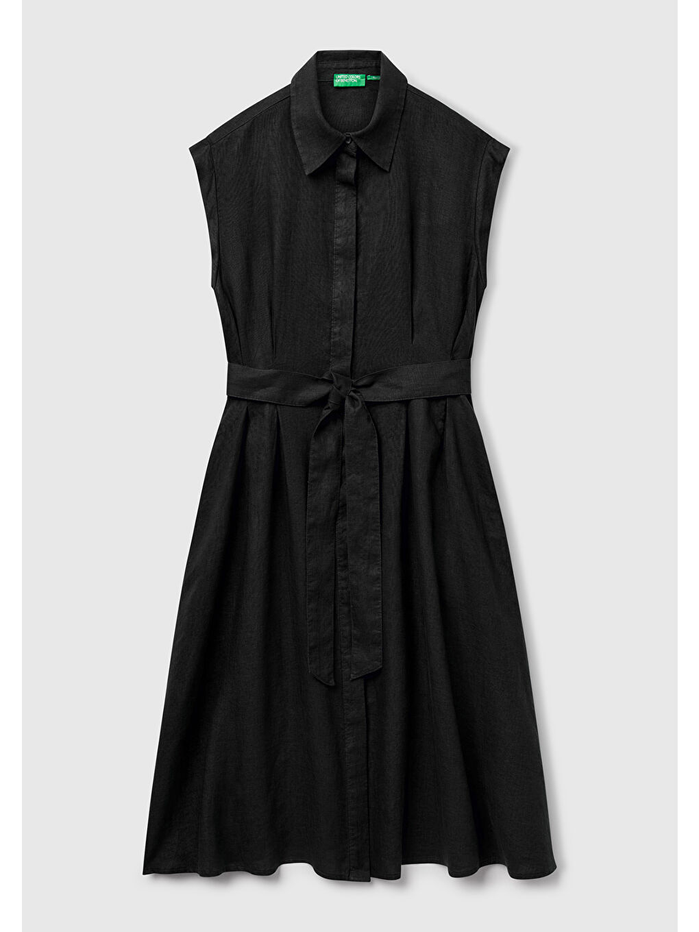 Kadın Siyah %100 Keten Pileli Çıkarılabilir Kuşaklı Gömlek Elbise-1