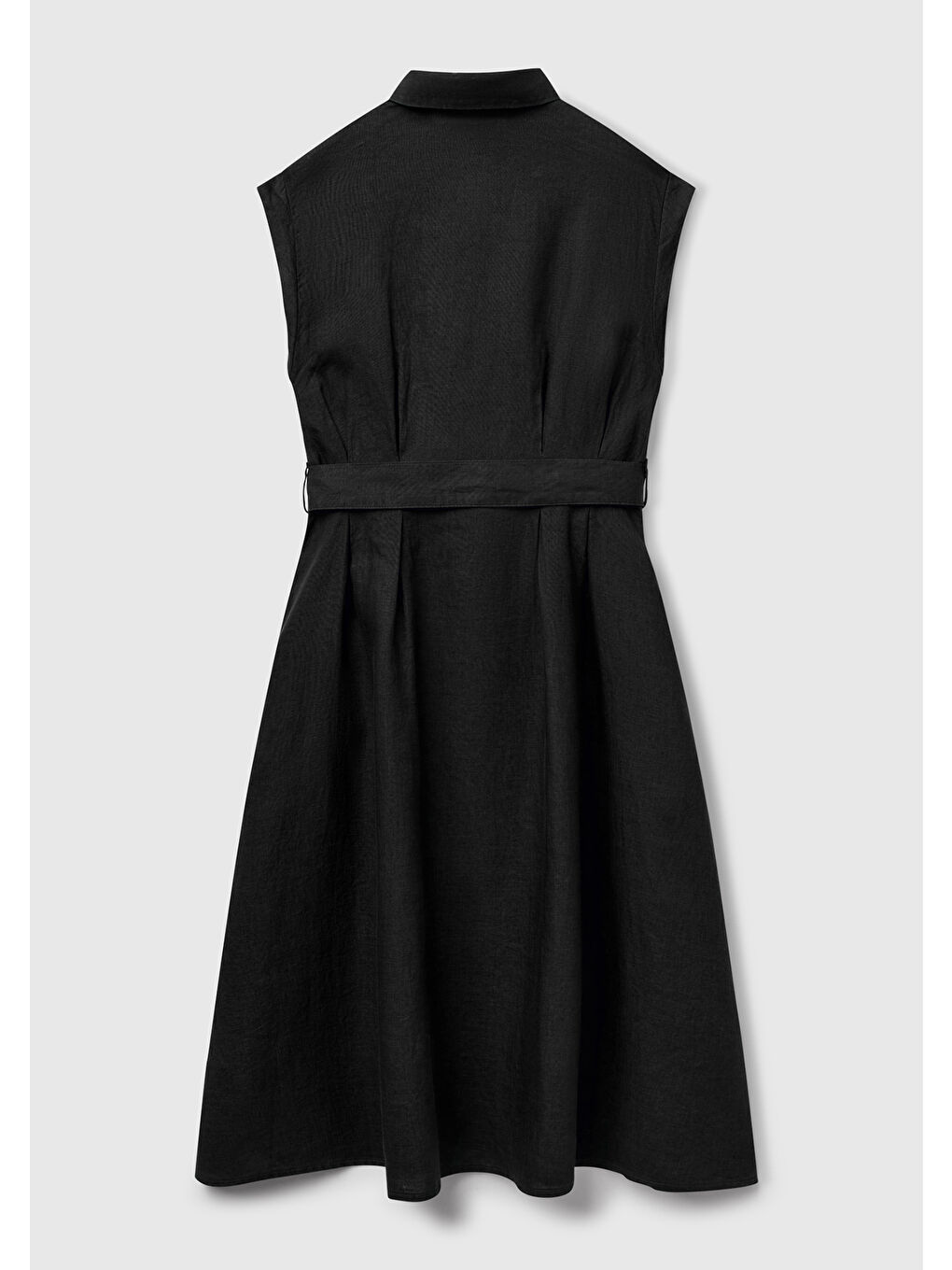 Kadın Siyah %100 Keten Pileli Çıkarılabilir Kuşaklı Gömlek Elbise-3