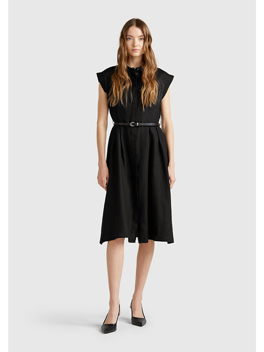 Kadın Siyah %100 Keten Pileli Çıkarılabilir Kuşaklı Gömlek Elbise-4