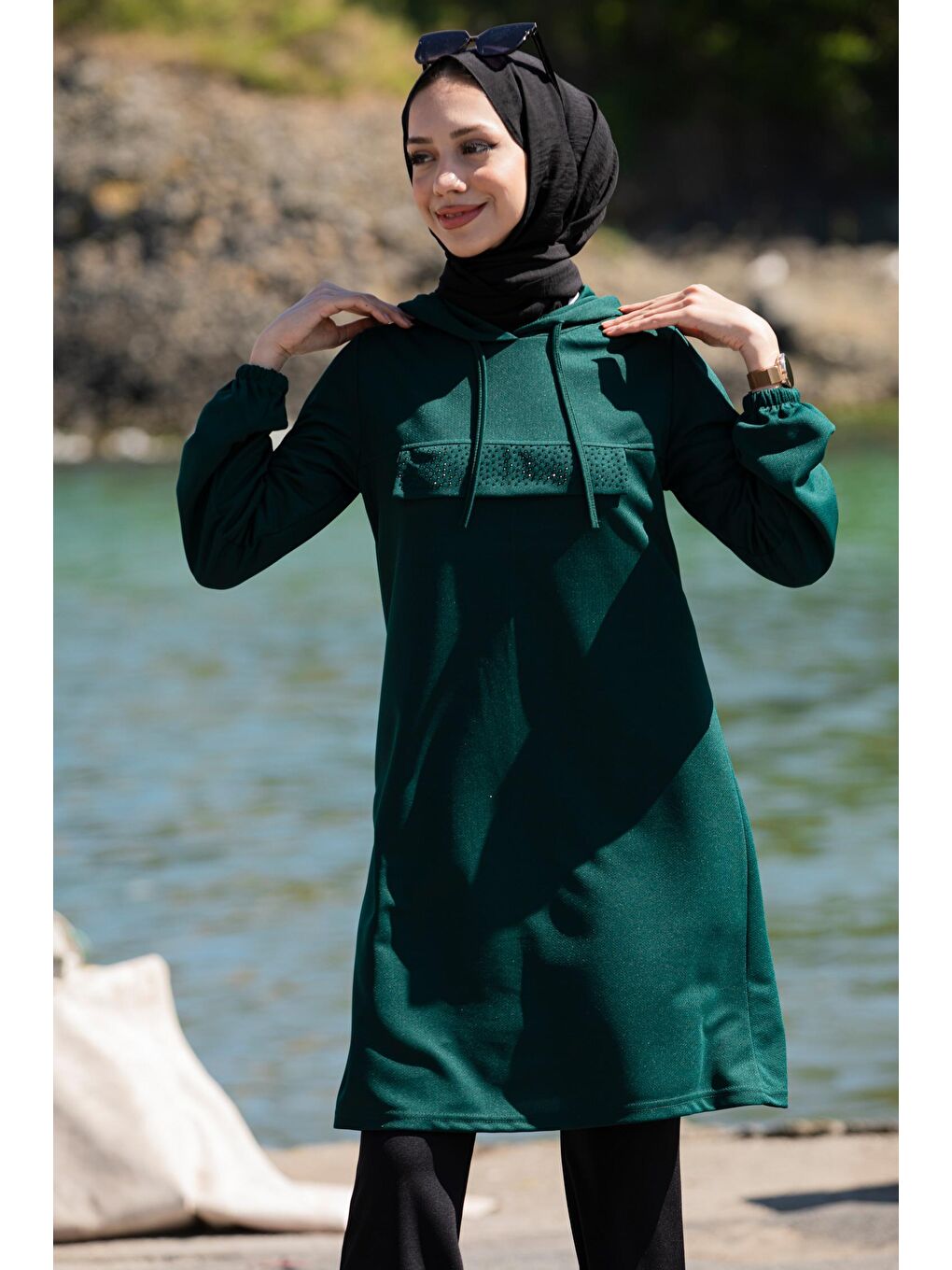 Kapüşonlu Yaka Kadın Yeşil Kapüşonlu Tunık - 3515