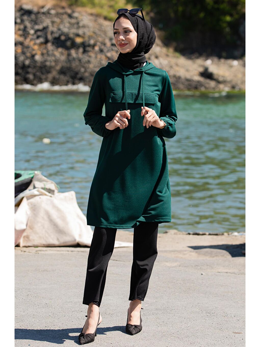 Kapüşonlu Yaka Kadın Yeşil Kapüşonlu Tunık - 3515-1