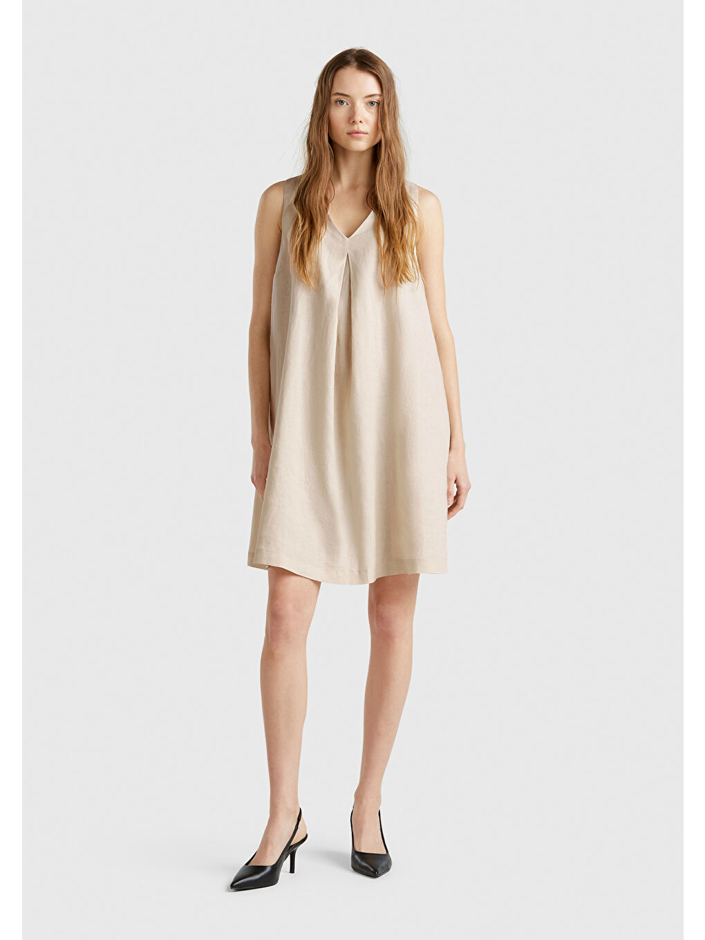 Bej Kadın Taş Rengi %100 Keten Yanı Fermuarlı A Kesim V Yaka Kısa Elbise