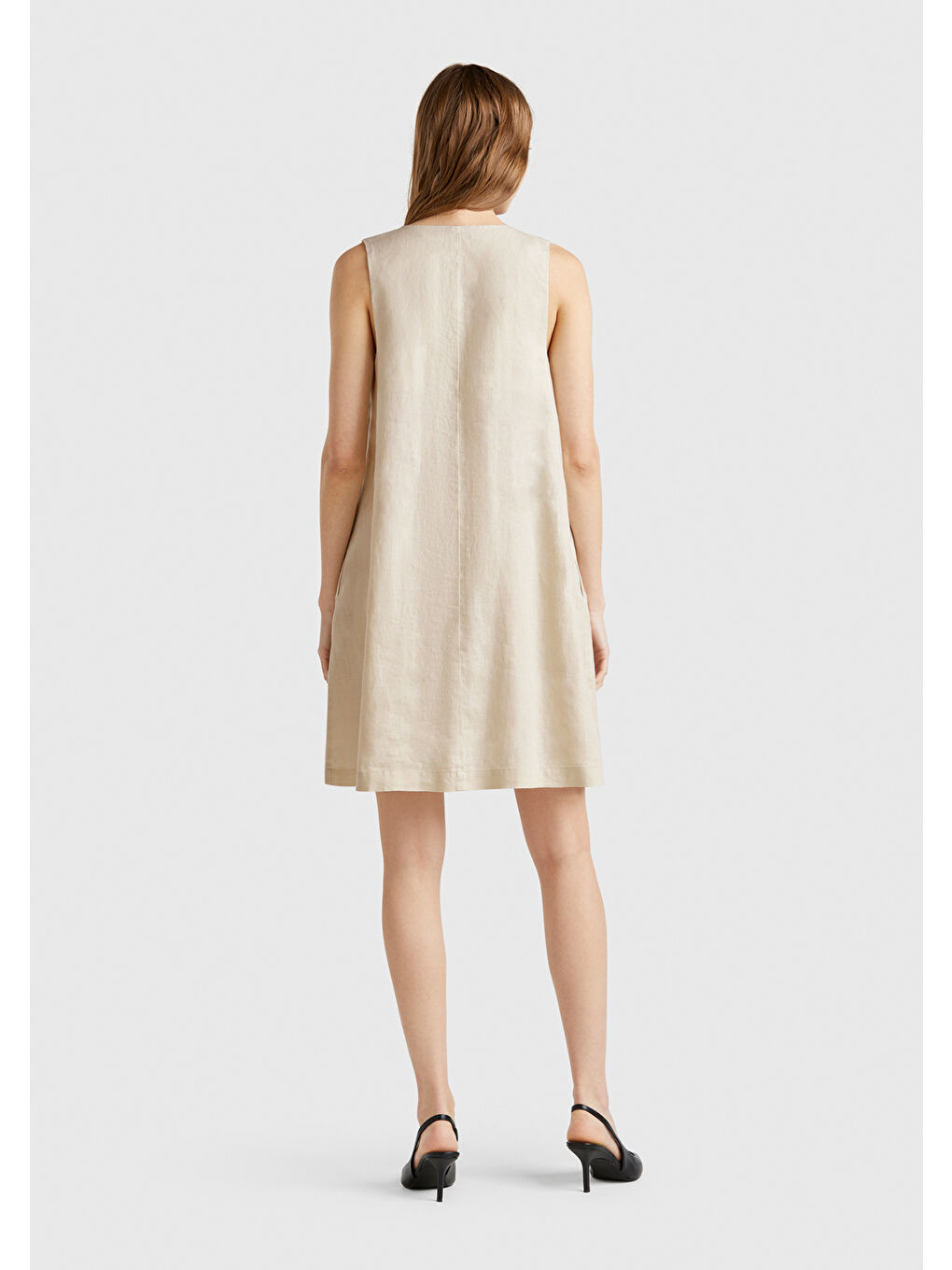Bej Kadın Taş Rengi %100 Keten Yanı Fermuarlı A Kesim V Yaka Kısa Elbise-2