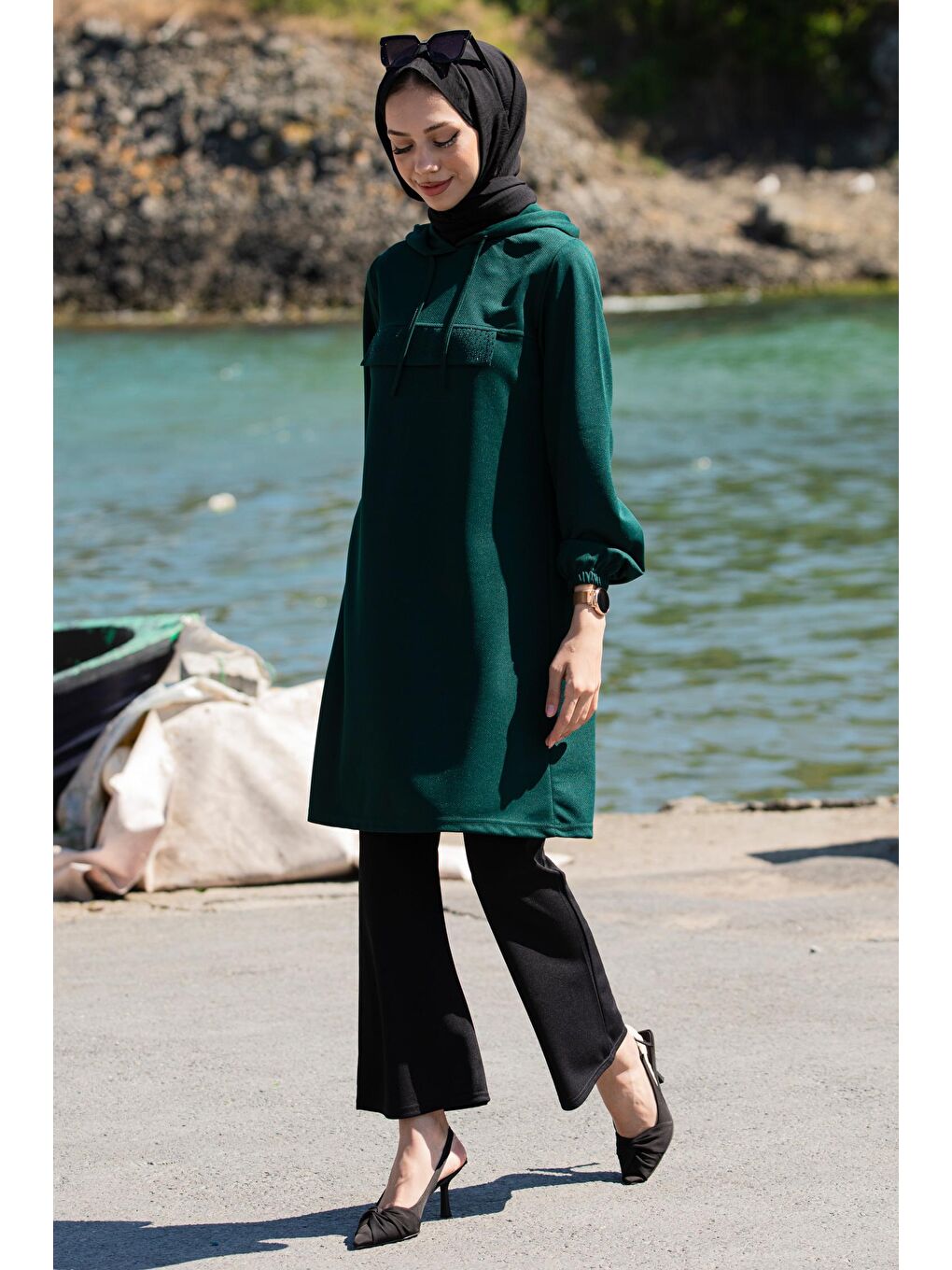 Kapüşonlu Yaka Kadın Yeşil Kapüşonlu Tunık - 3515-2