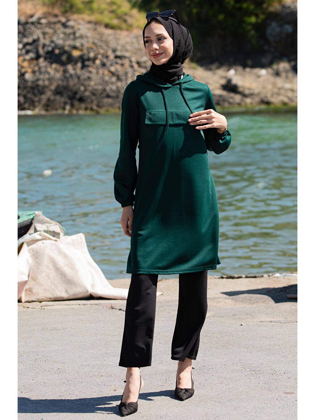 Kapüşonlu Yaka Kadın Yeşil Kapüşonlu Tunık - 3515-3