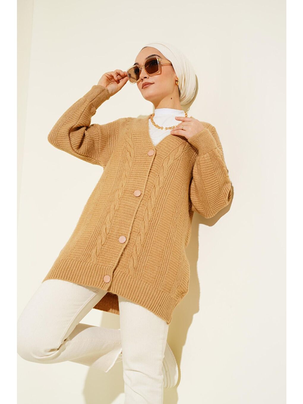 Bej 15768 Tesettür Triko Hırka - Vizon-2