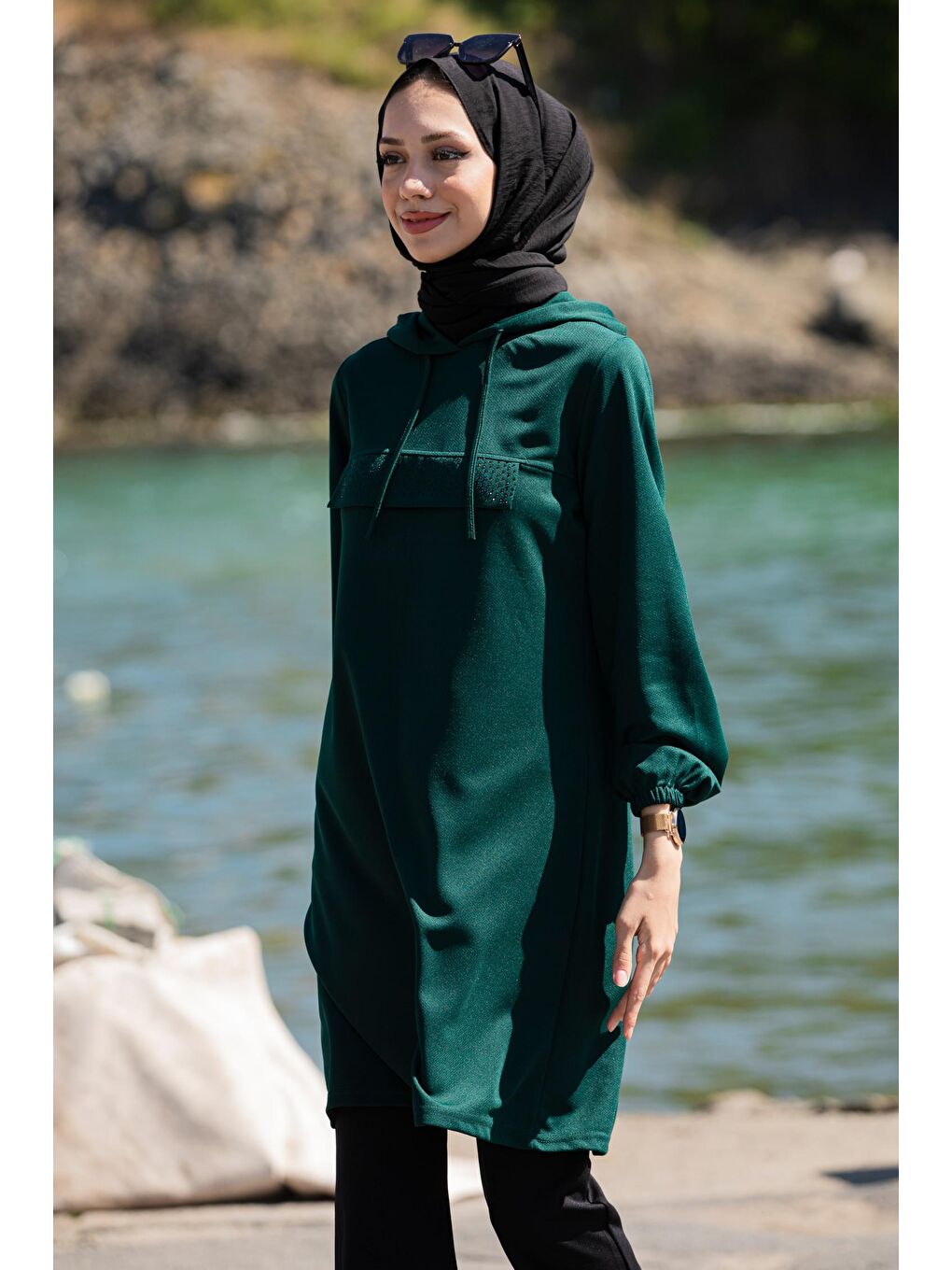 Kapüşonlu Yaka Kadın Yeşil Kapüşonlu Tunık - 3515-4