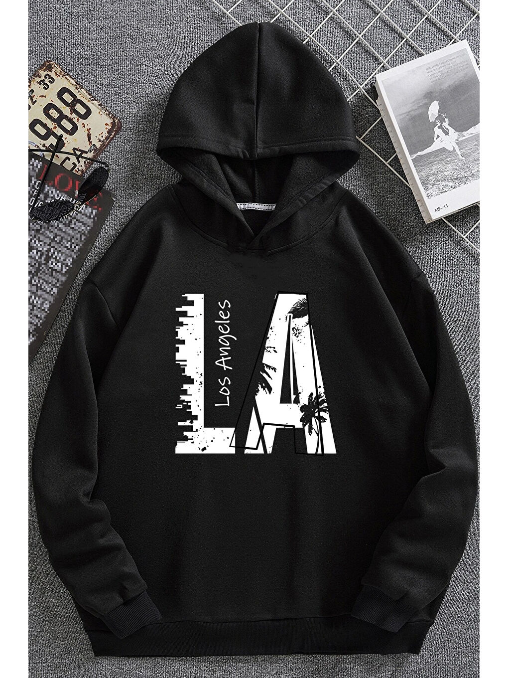 uyguntarz Siyah Los Angles Baskılı Oversize Sweatshirt