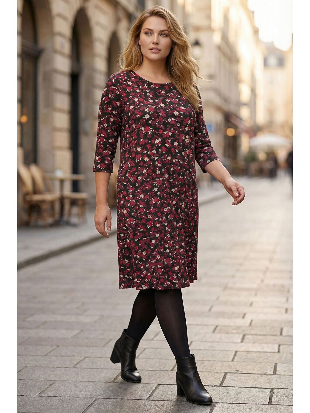 Büyük Beden Bisiklet Yaka Bordo Çiçek Desenli Dökümlü Cepli Diz Altı Elbise 270453-4