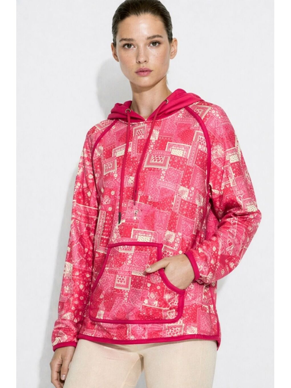 Fuşya Etnik Desenli Kanguru Cepli Sweatshirt-1