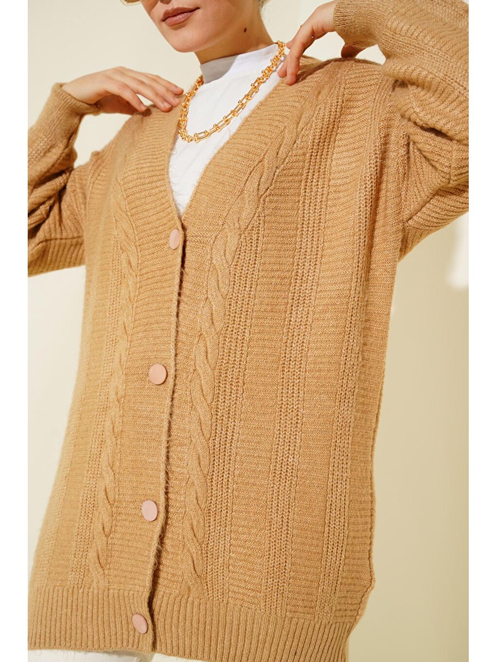 Bej 15768 Tesettür Triko Hırka - Vizon-3