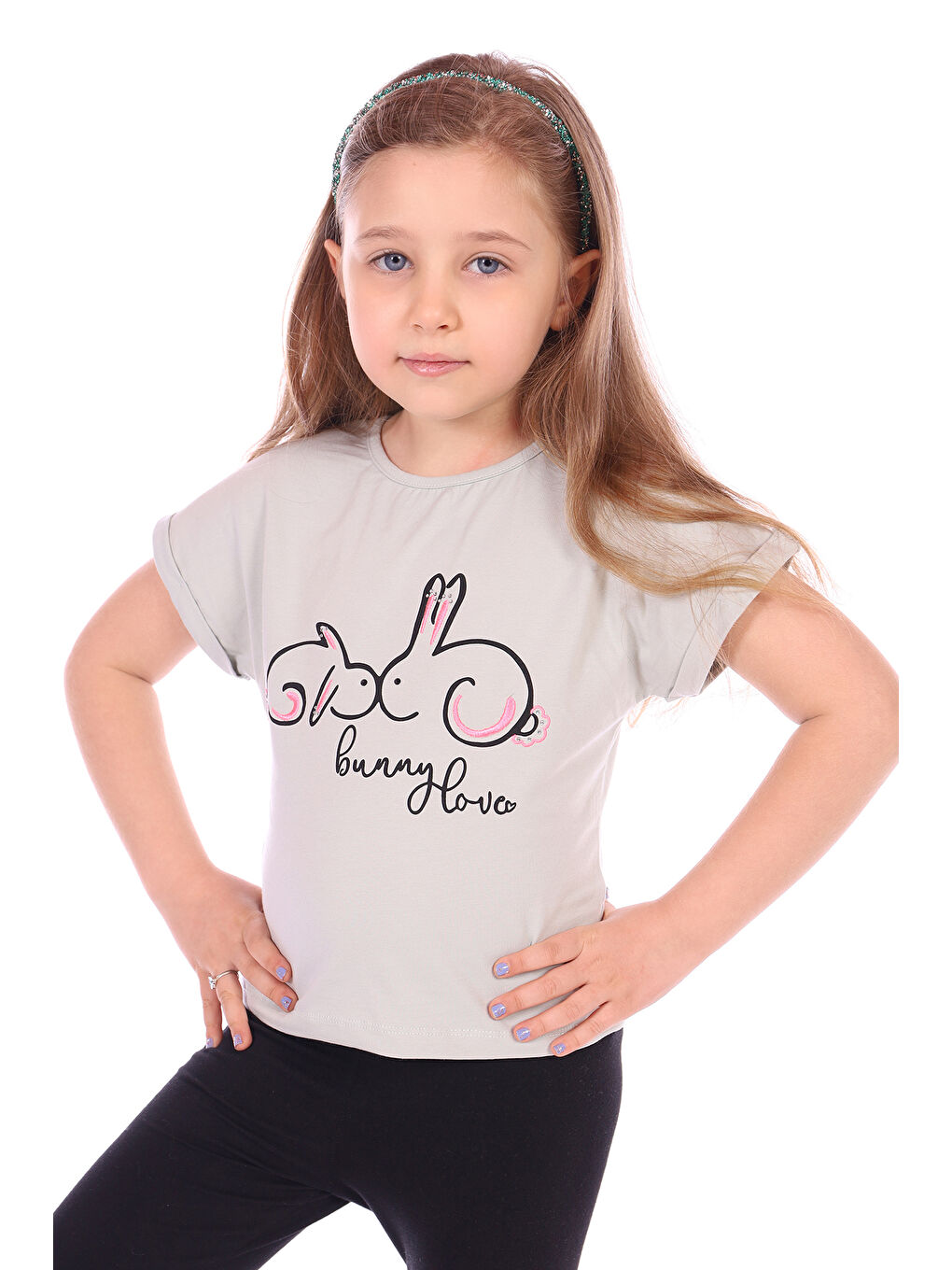 Yeşil Kız Bebek Tavşan Baskılı Nakışlı Tişört-2