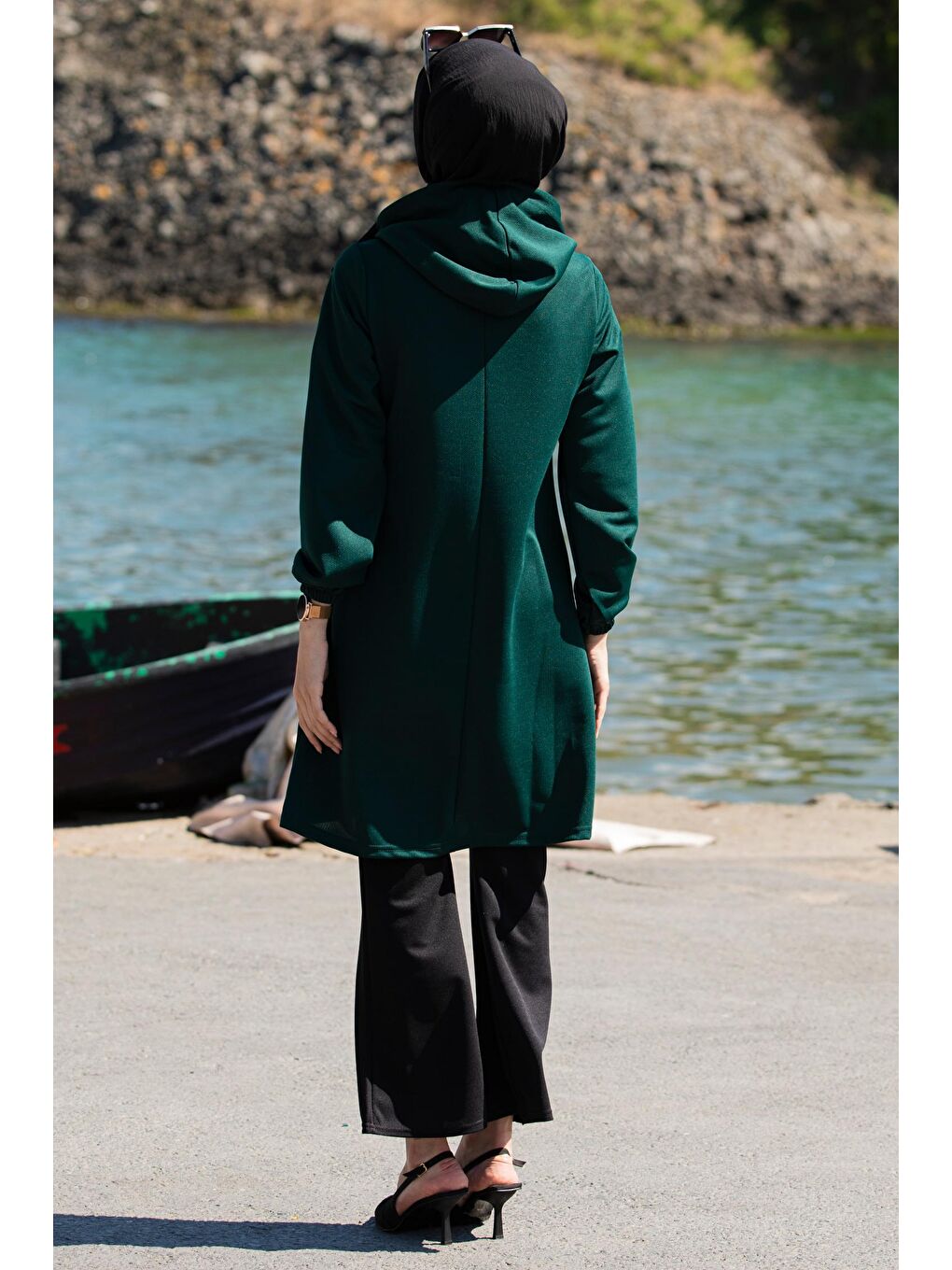 Kapüşonlu Yaka Kadın Yeşil Kapüşonlu Tunık - 3515-5