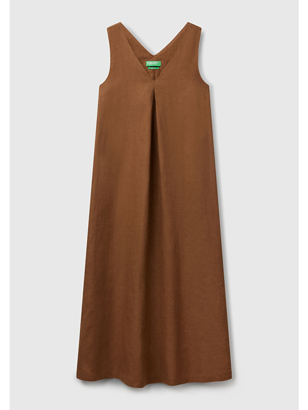 Kadın Kahverengi %100 Keten V Yaka Kolsuz A Kesim Midi Elbise-1