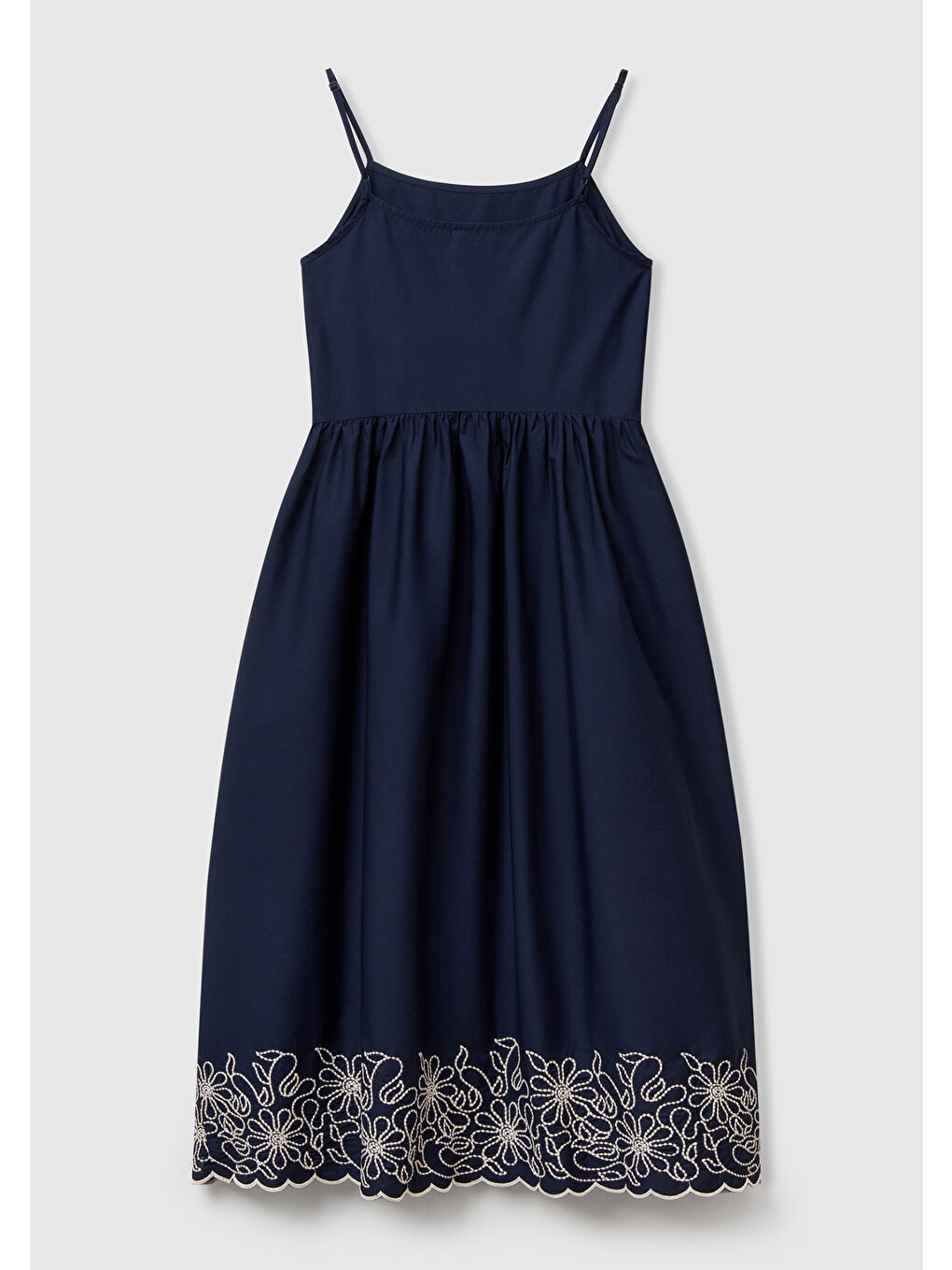 Kadın Lacivert %100 Pamuk Askılı Etek Ucu İşlemeli Midi Boy Elbise-3