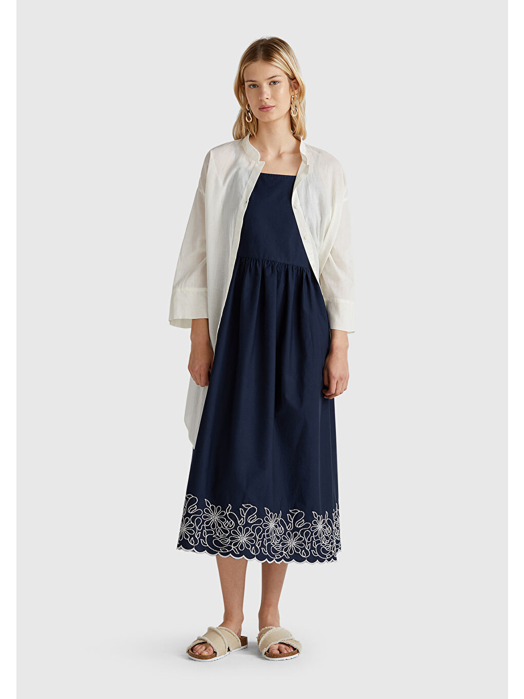 Kadın Lacivert %100 Pamuk Askılı Etek Ucu İşlemeli Midi Boy Elbise-4