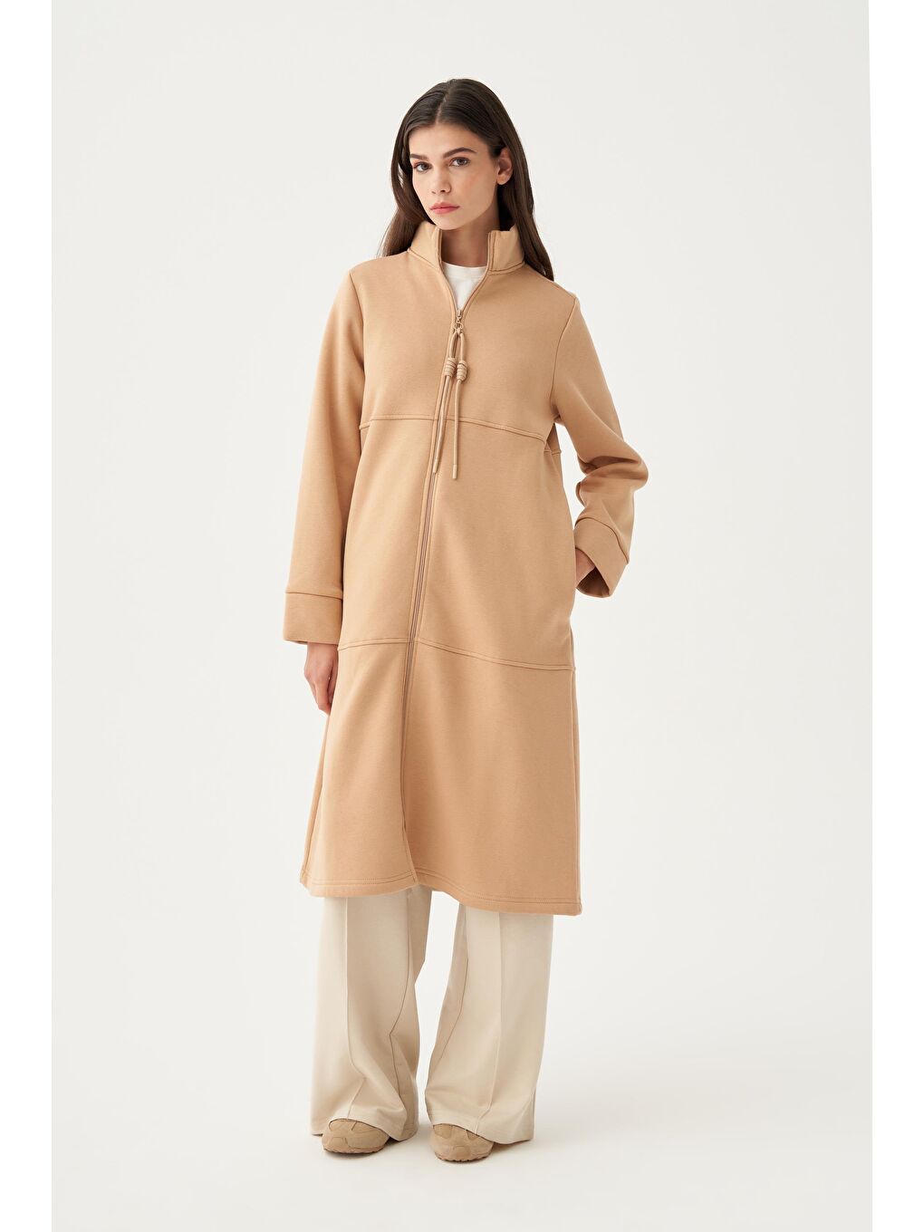 Bej-Pamuklu Düğüm Kordonlu Sweatshirt