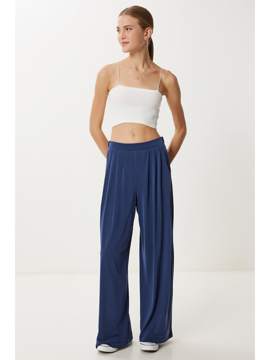 Geniş Paça Dökümlü Modal Pantolon Lacivert Lub0208-1