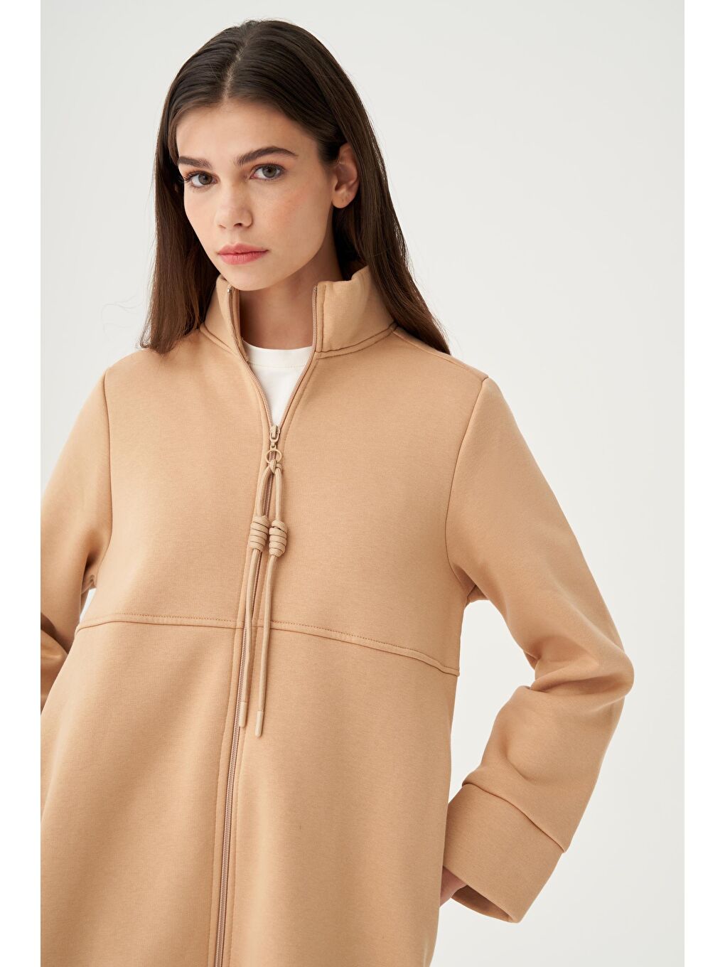 Bej-Pamuklu Düğüm Kordonlu Sweatshirt-3