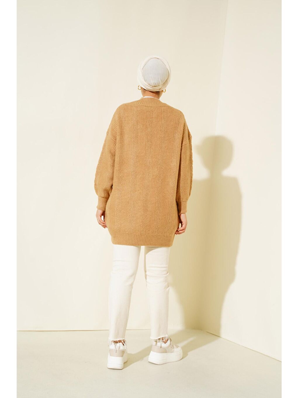 Bej 15768 Tesettür Triko Hırka - Vizon-4