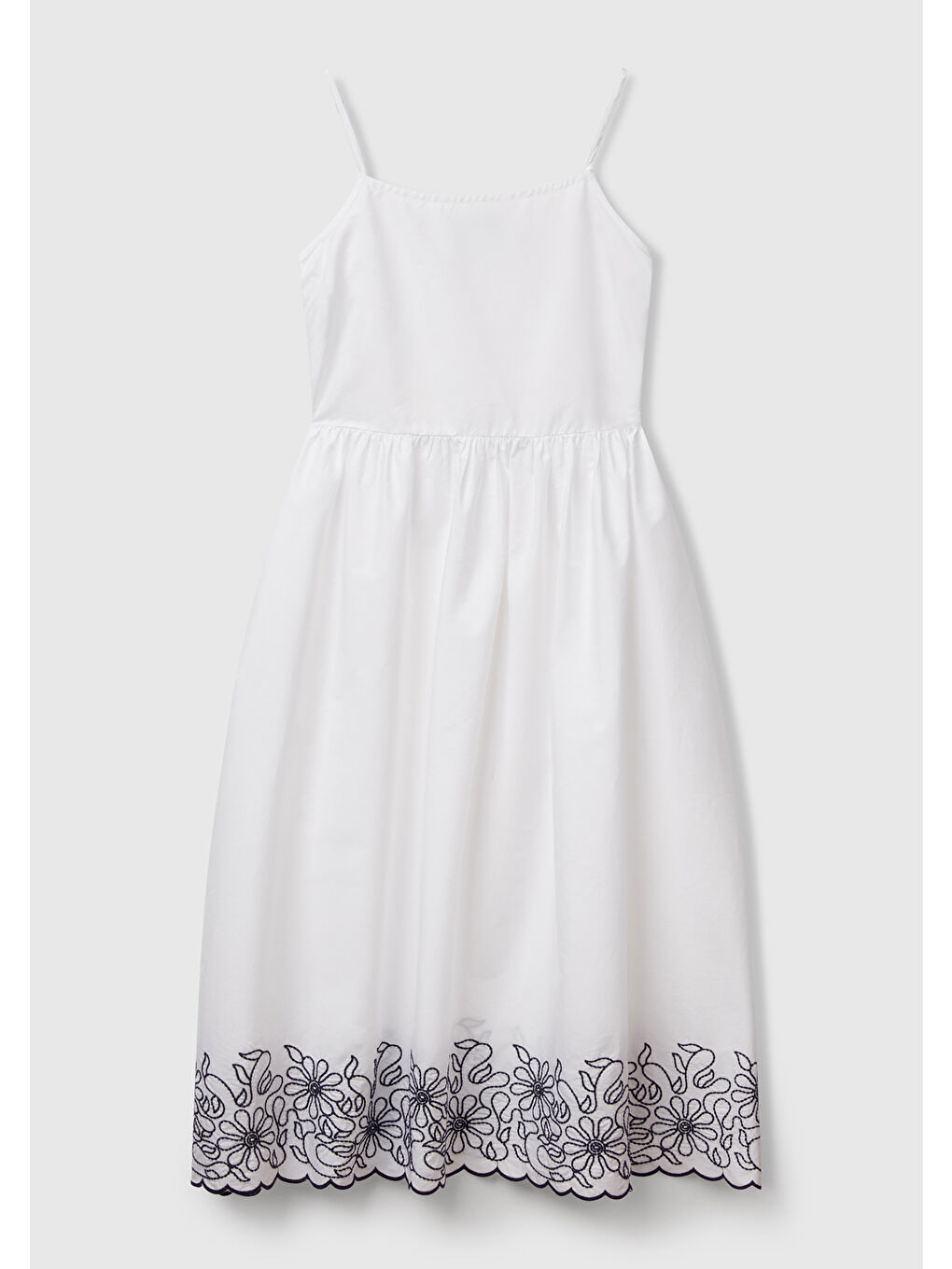 Kadın Beyaz %100 Pamuk Askılı Etek Ucu İşlemeli Midi Boy Elbise-1