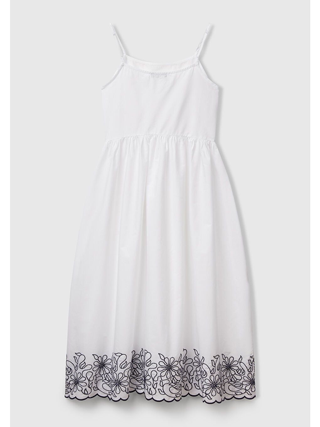 Kadın Beyaz %100 Pamuk Askılı Etek Ucu İşlemeli Midi Boy Elbise-3
