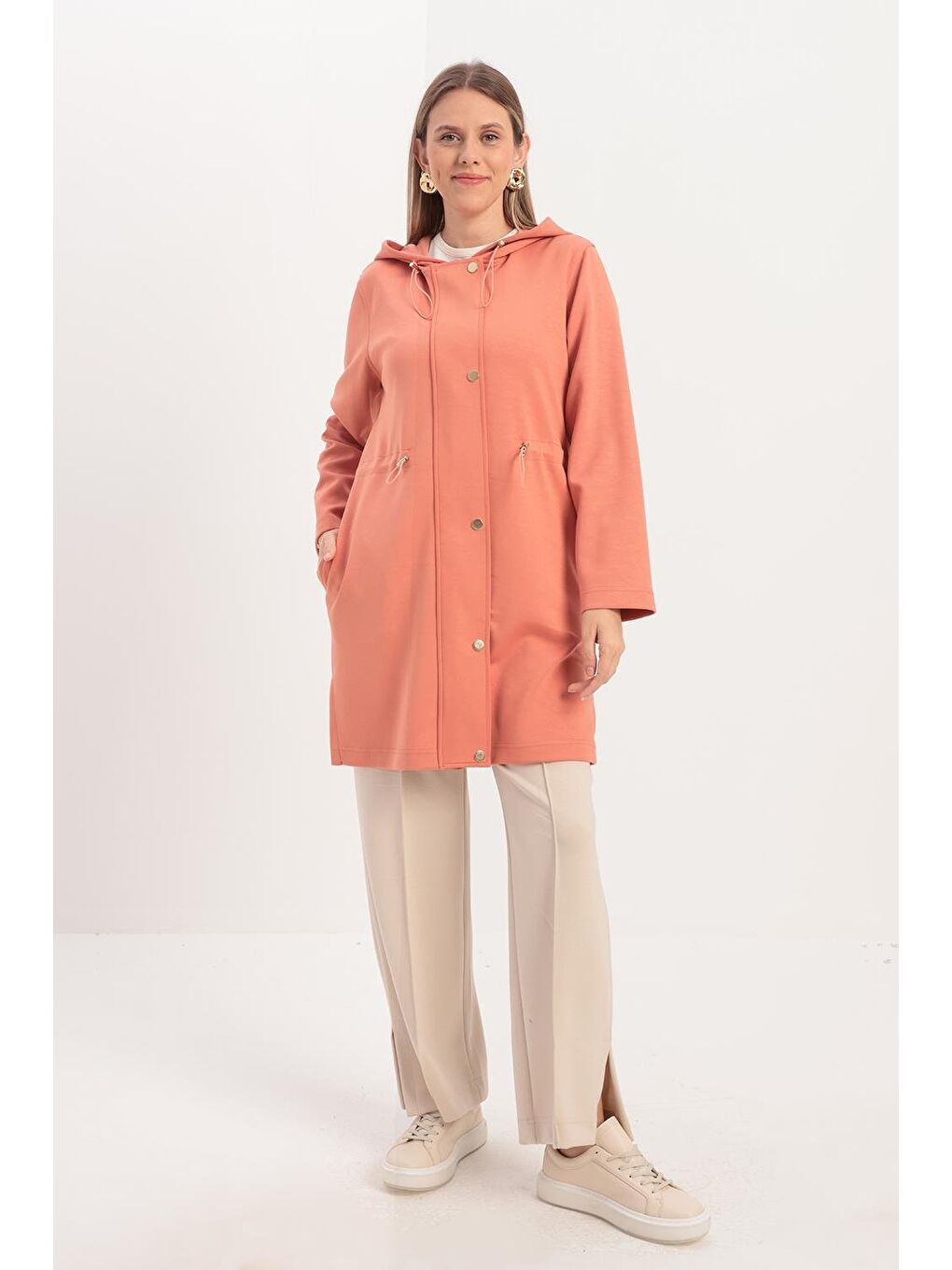 Pembe Somon-Kapüşonlu Belden Kanallı Hırka-1