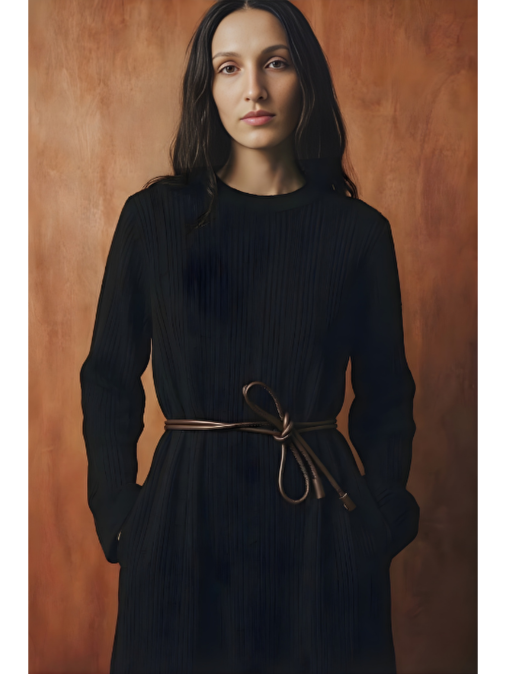 Dokulu Rahat Kesim Triko Elbise Siyah-3